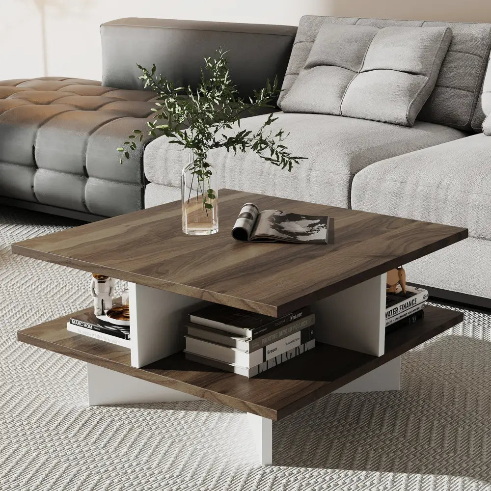 2-Tier Square Coffee Table with 4 Storage Compartments-Walnut Costway
