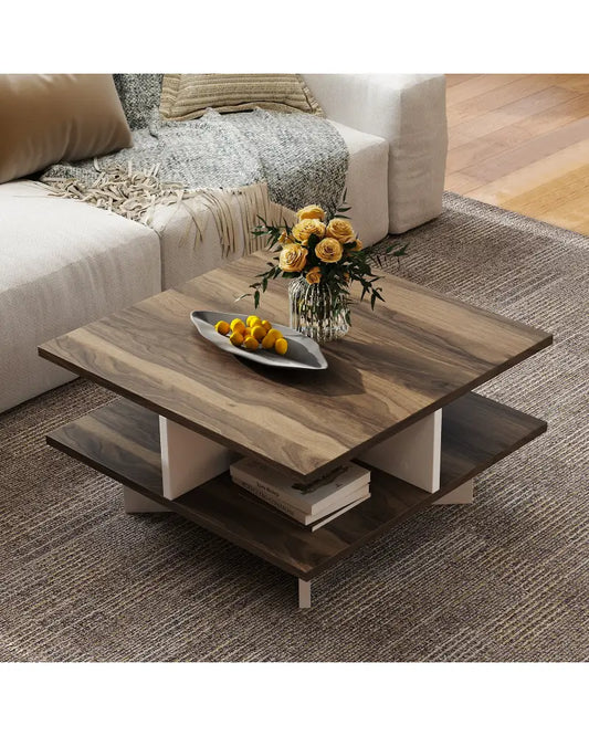 2-Tier Square Coffee Table with 4 Storage Compartments-Walnut - Walnut - Coffee Tables