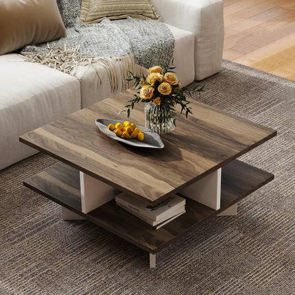 2-Tier Square Coffee Table with 4 Storage Compartments-Walnut Costway