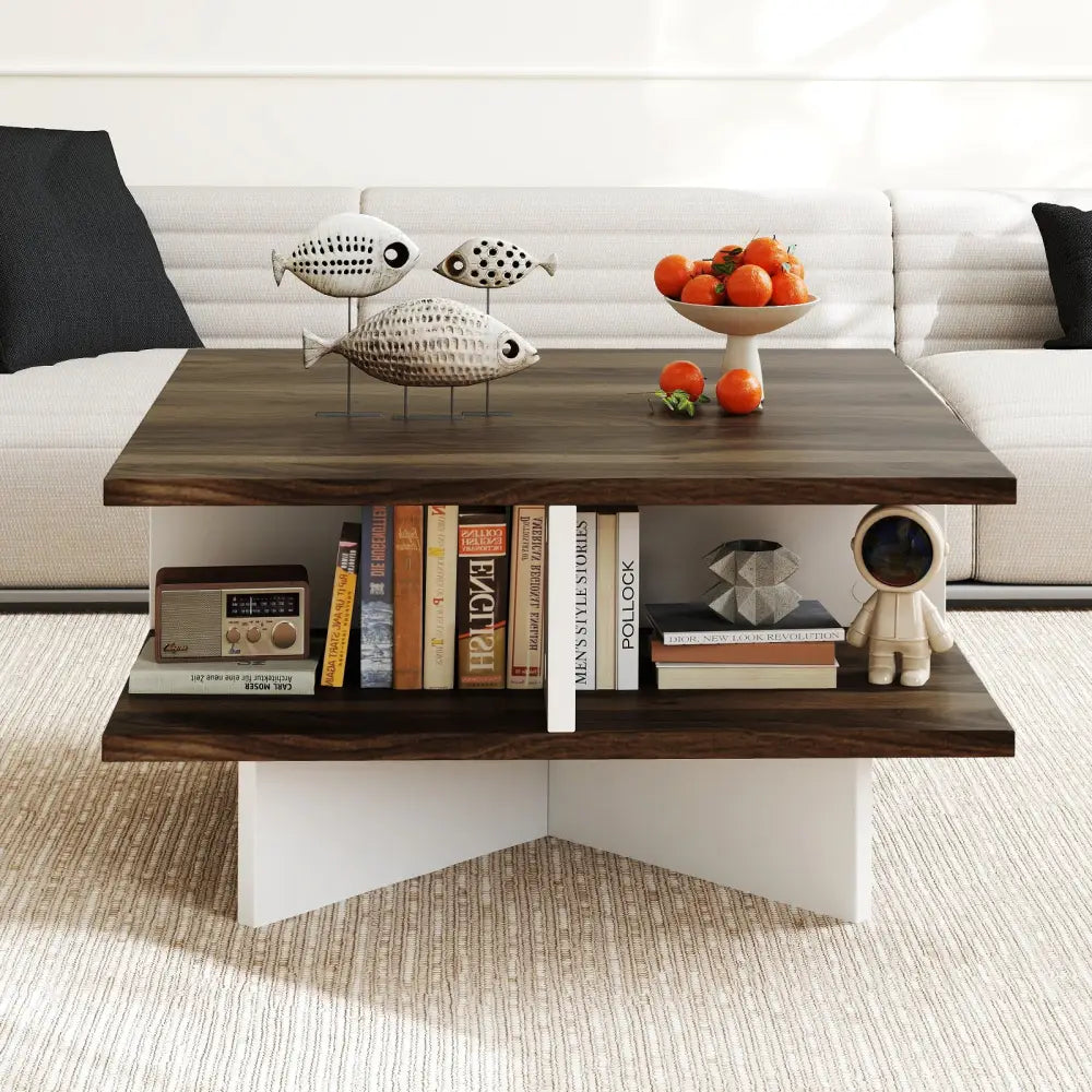 2-Tier Square Coffee Table with 4 Storage Compartments-Walnut - Walnut - Coffee Tables