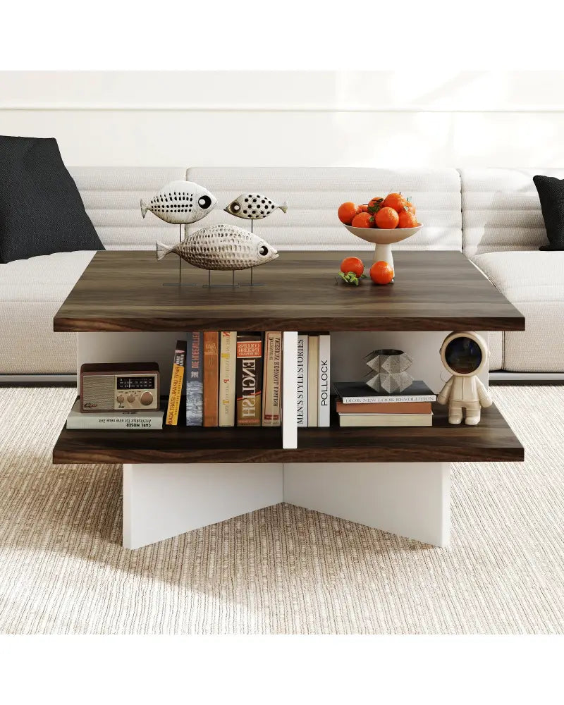 2-Tier Square Coffee Table with 4 Storage Compartments-Walnut - Walnut - Coffee Tables