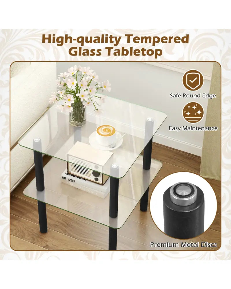 2-Tier Square End Table with Shelf and Clear Tempered Glass Top-Black - Black - End & Side Tables