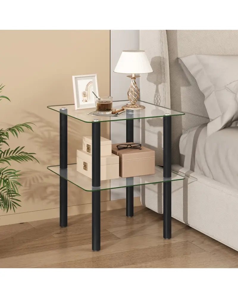 2-Tier Square End Table with Shelf and Clear Tempered Glass Top-Black - Black - End & Side Tables