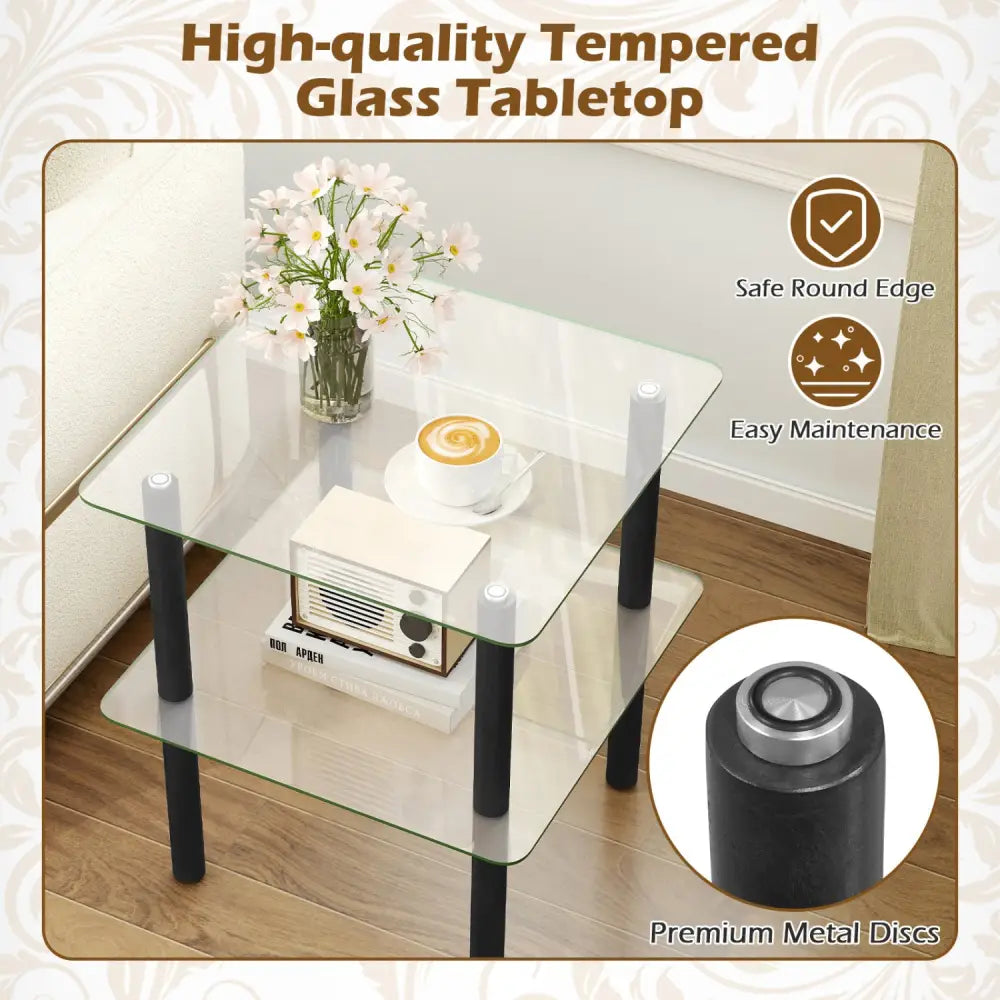 2-Tier Square End Table with Shelf and Clear Tempered Glass Top-Black - Black - End & Side Tables