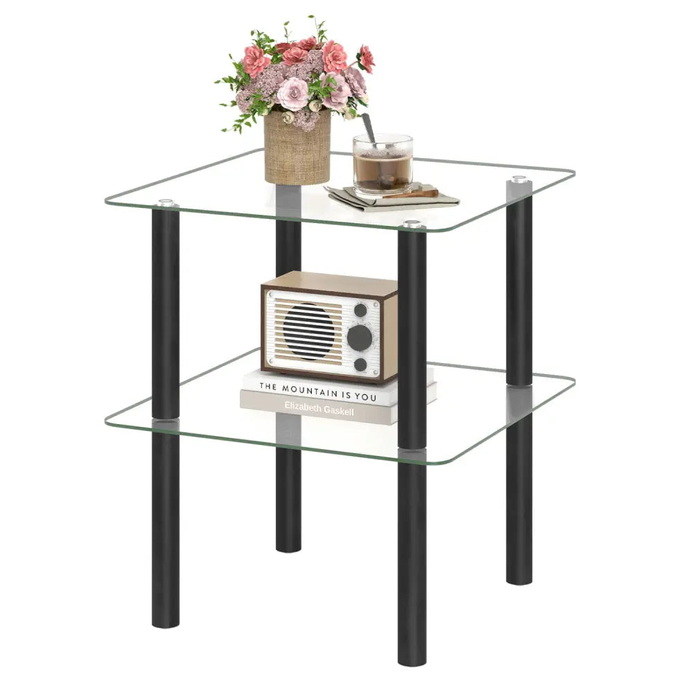 2-Tier Square End Table with Shelf and Clear Tempered Glass Top-Black - Black - End & Side Tables