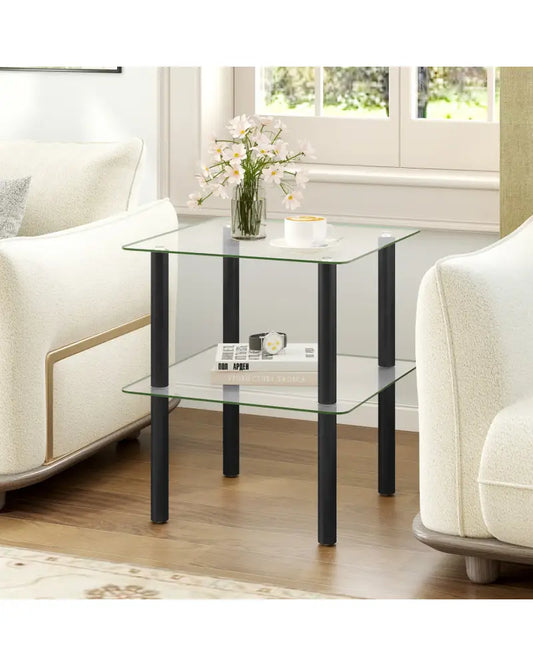 2-Tier Square End Table with Shelf and Clear Tempered Glass Top-Black - Black - End & Side Tables