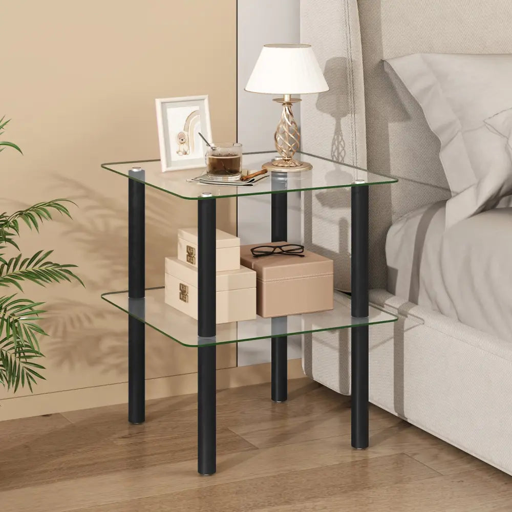 2-Tier Square End Table with Shelf and Clear Tempered Glass Top-Black - Black - End & Side Tables