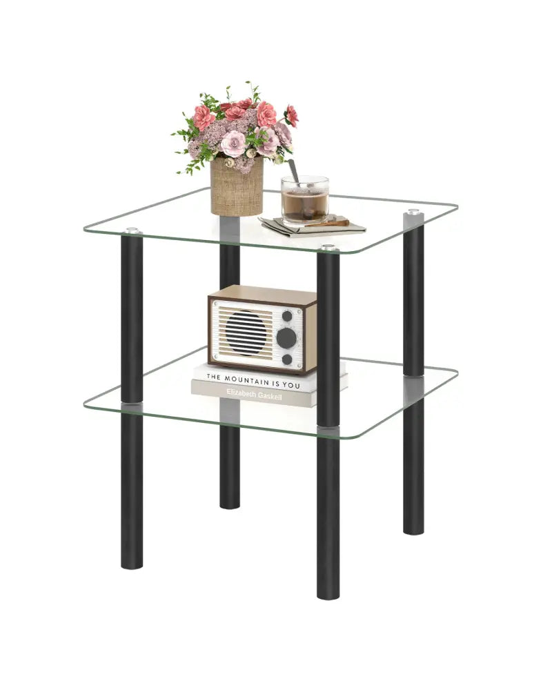 2-Tier Square End Table with Shelf and Clear Tempered Glass Top-Black - Black - End & Side Tables