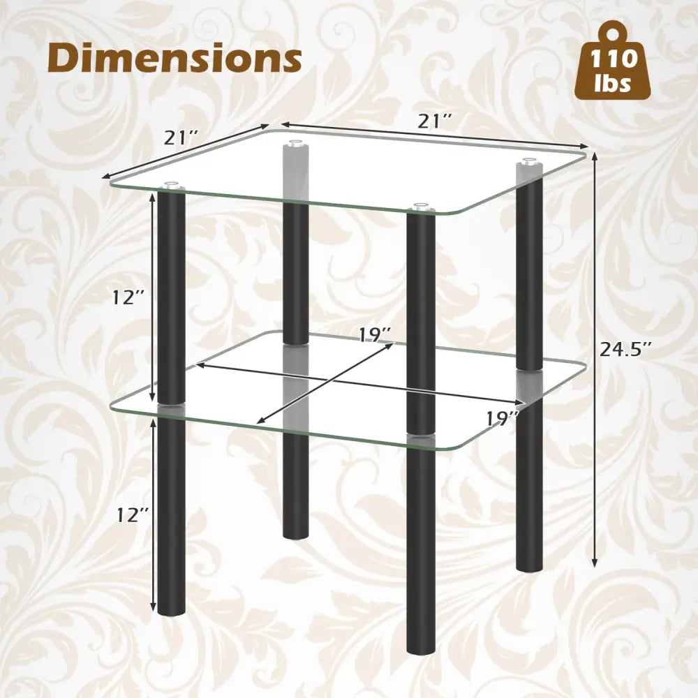 2-Tier Square End Table with Shelf and Clear Tempered Glass Top-Black - Black - End & Side Tables