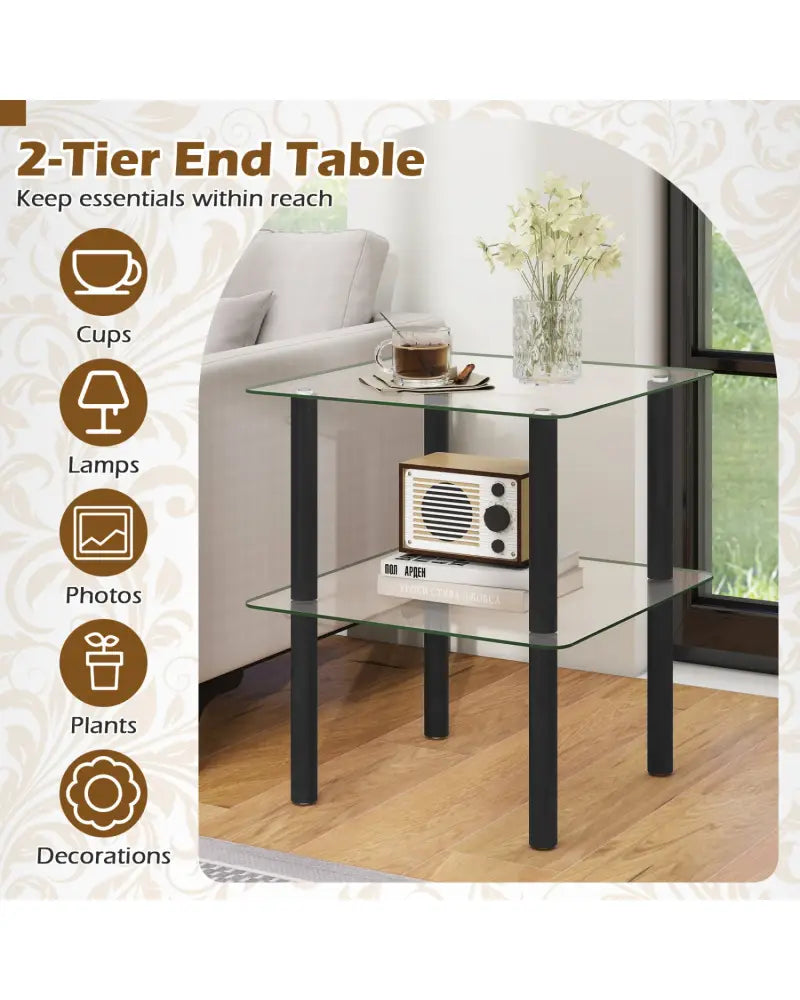 2-Tier Square End Table with Shelf and Clear Tempered Glass Top-Black - Black - End & Side Tables