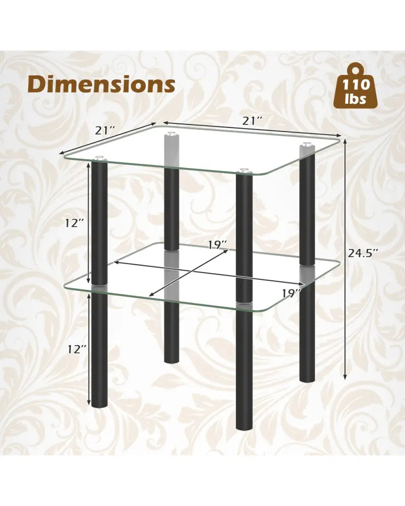 2-Tier Square End Table with Shelf and Clear Tempered Glass Top-Black - Black - End & Side Tables