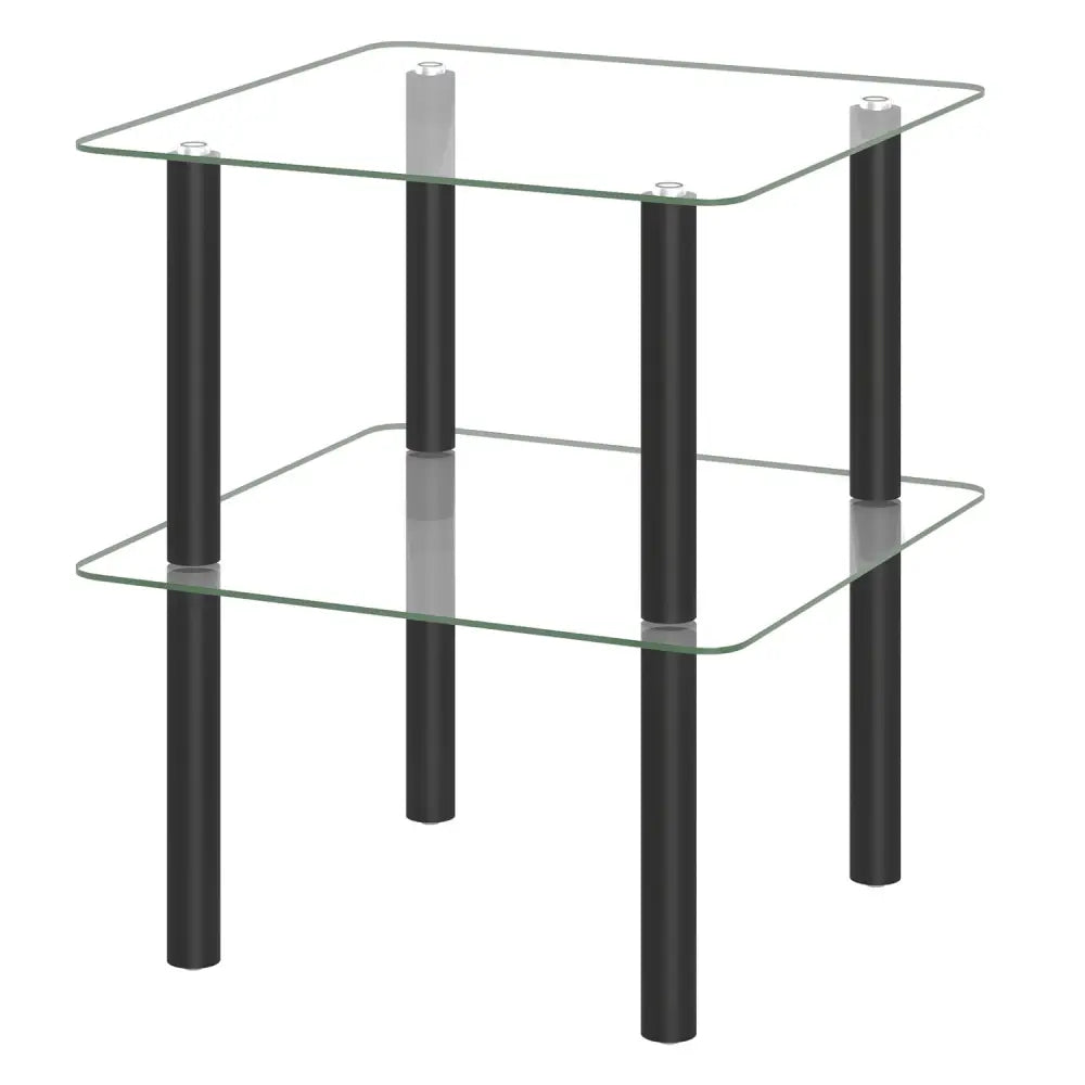 2-Tier Square End Table with Shelf and Clear Tempered Glass Top-Black - Black - End & Side Tables