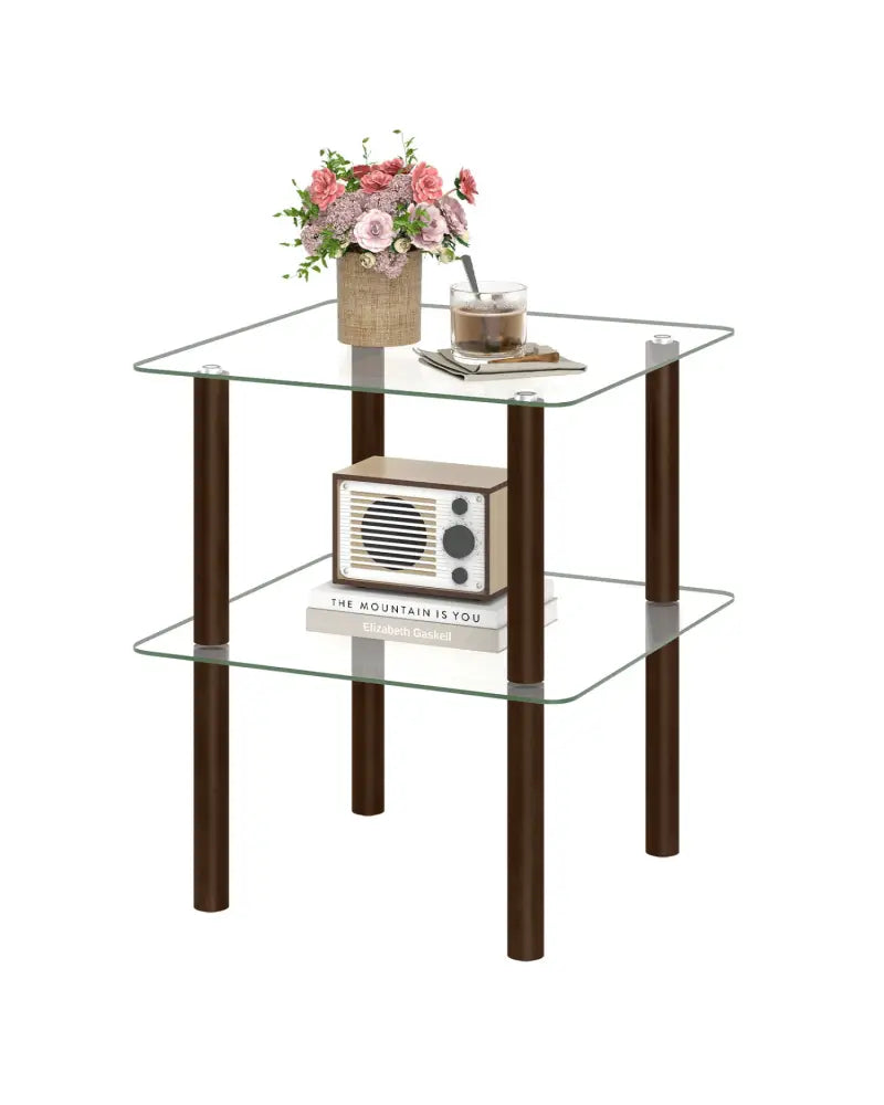 2-Tier Square End Table with Shelf and Clear Tempered Glass Top-Brown - Brown - End & Side Tables