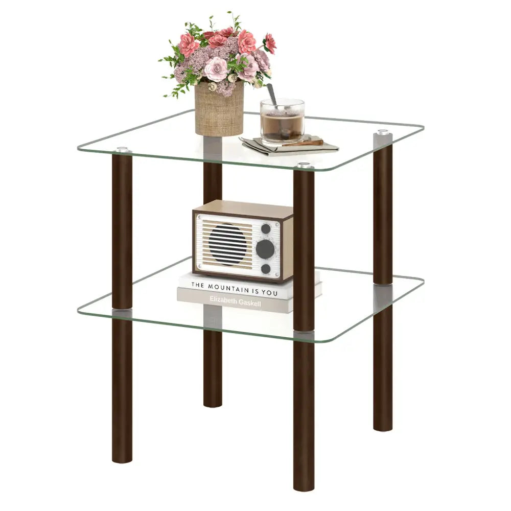 2-Tier Square End Table with Shelf and Clear Tempered Glass Top-Brown - Brown - End & Side Tables