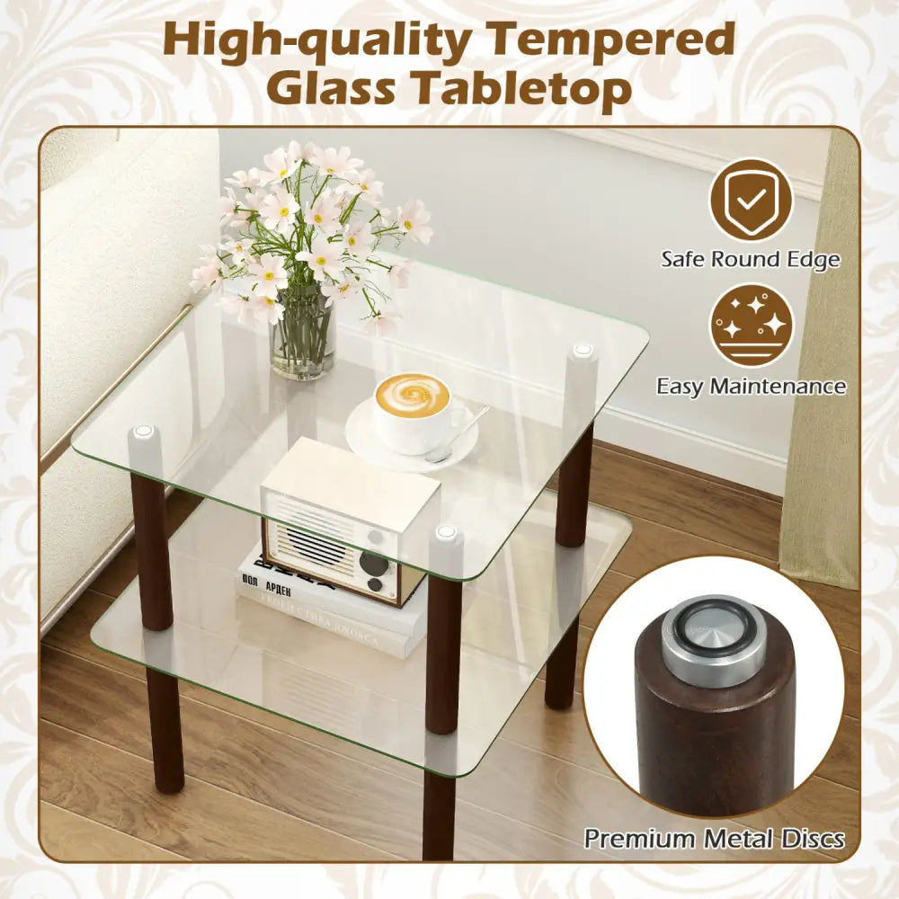 2-Tier Square End Table with Shelf and Clear Tempered Glass Top-Brown - Brown - End & Side Tables