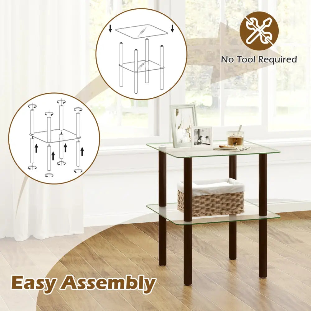 2-Tier Square End Table with Shelf and Clear Tempered Glass Top-Brown - Brown - End & Side Tables