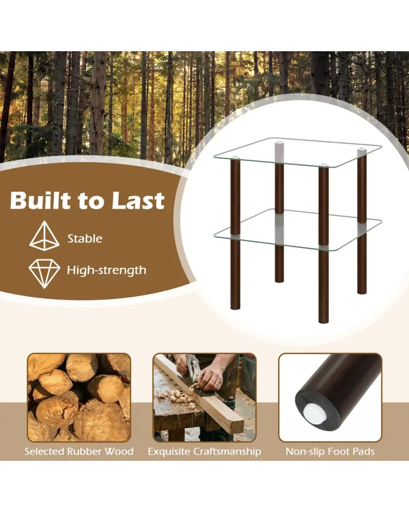2-Tier Square End Table with Shelf and Clear Tempered Glass Top-Brown - Brown - End & Side Tables
