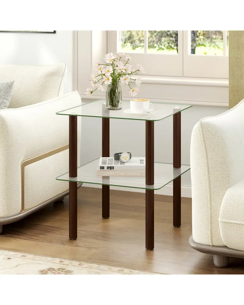 2-Tier Square End Table with Shelf and Clear Tempered Glass Top-Brown - Brown - End & Side Tables