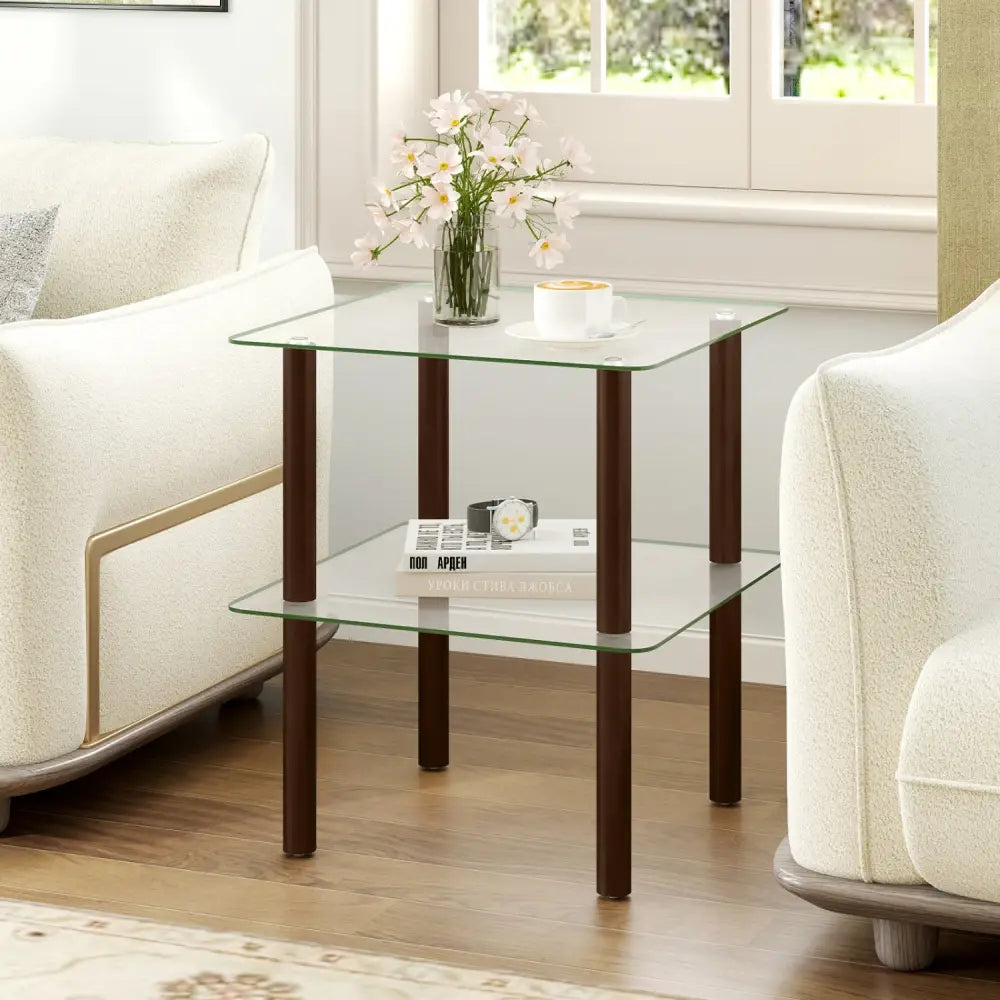 2-Tier Square End Table with Shelf and Clear Tempered Glass Top-Brown - Brown - End & Side Tables