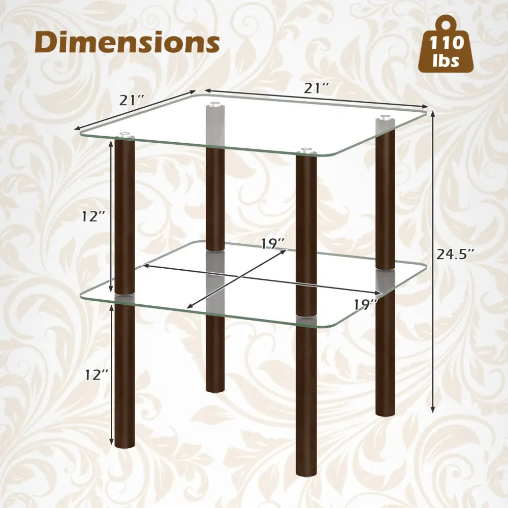 2-Tier Square End Table with Shelf and Clear Tempered Glass Top-Brown - Brown - End & Side Tables