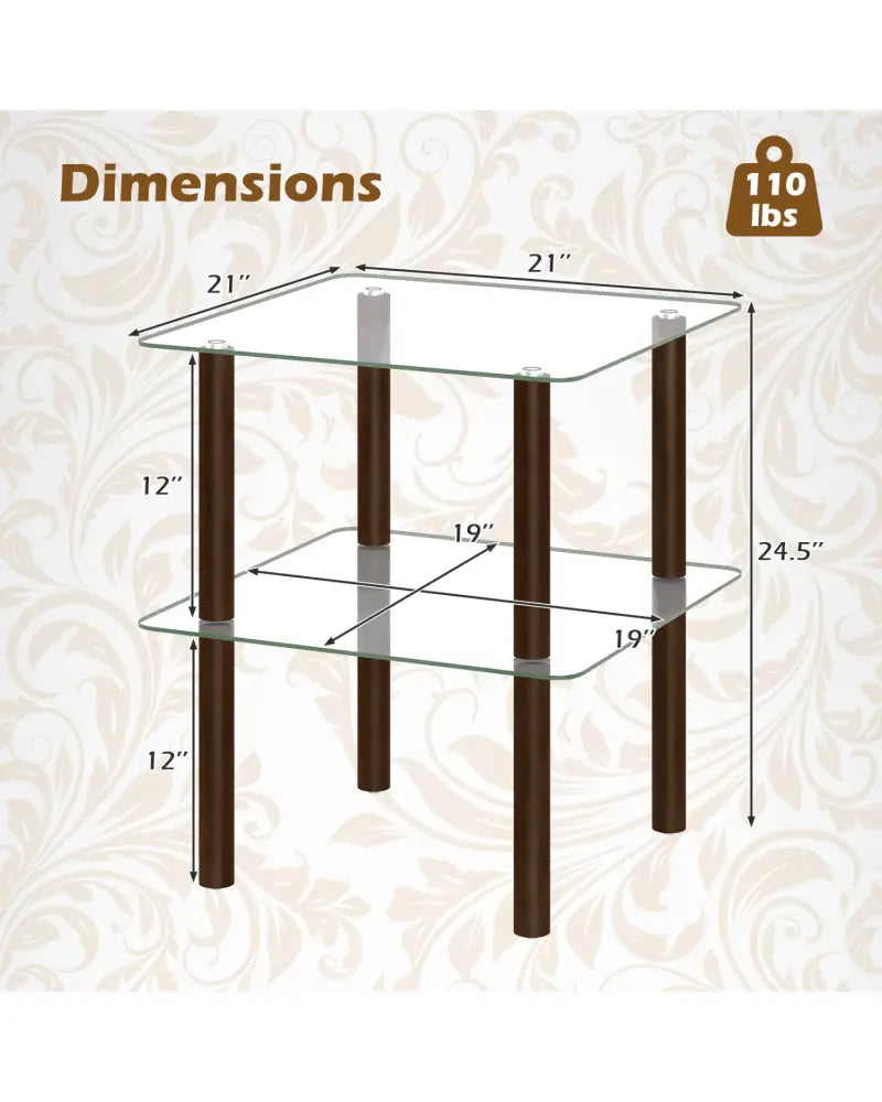 2-Tier Square End Table with Shelf and Clear Tempered Glass Top-Brown - Brown - End & Side Tables