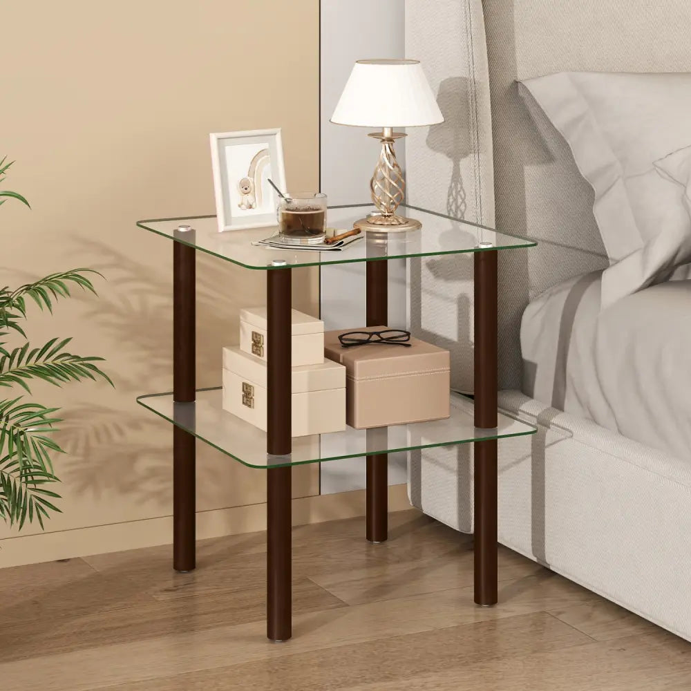 2-Tier Square End Table with Shelf and Clear Tempered Glass Top-Brown - Brown - End & Side Tables