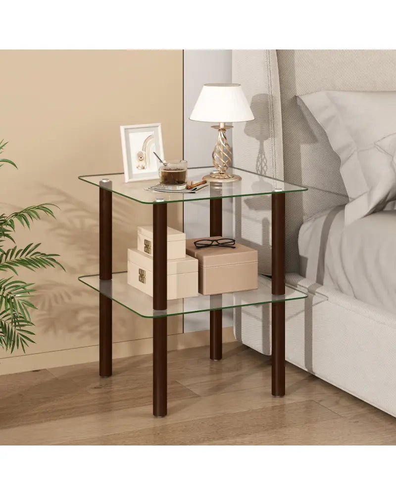 2-Tier Square End Table with Shelf and Clear Tempered Glass Top-Brown - Brown - End & Side Tables