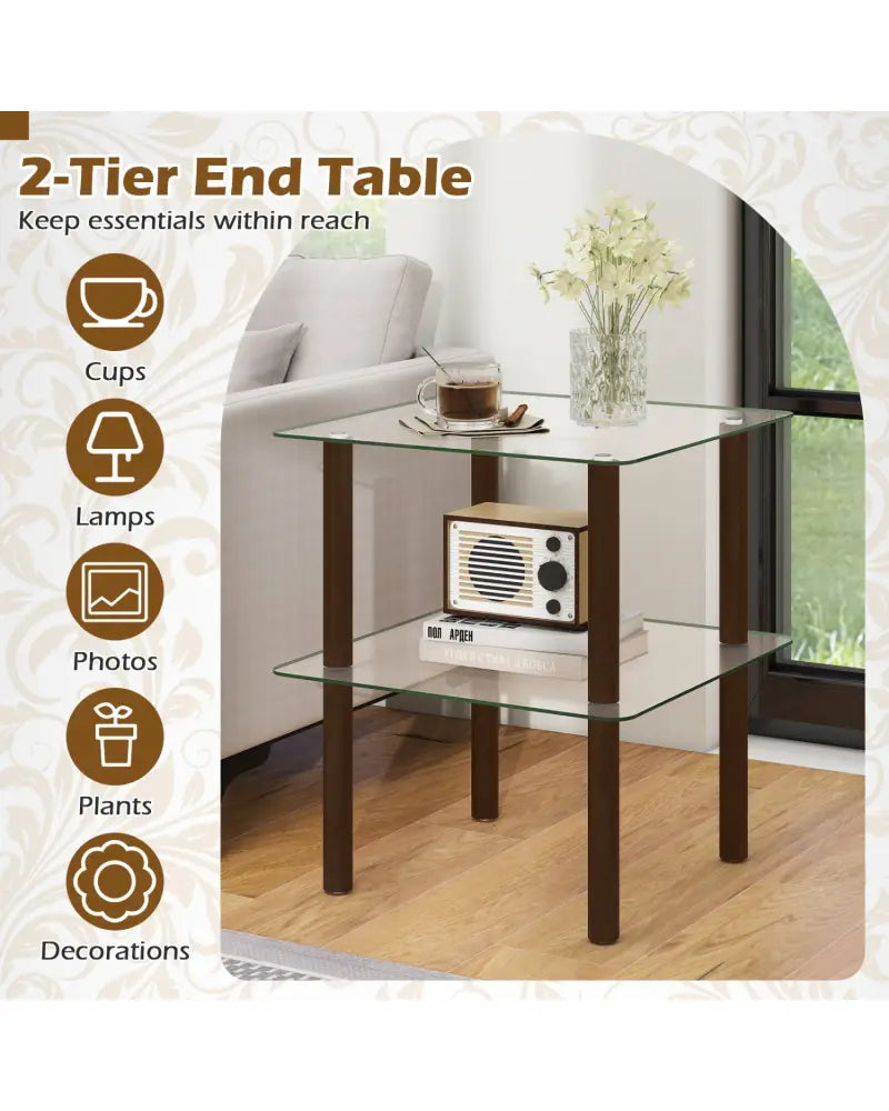 2-Tier Square End Table with Shelf and Clear Tempered Glass Top-Brown - Brown - End & Side Tables