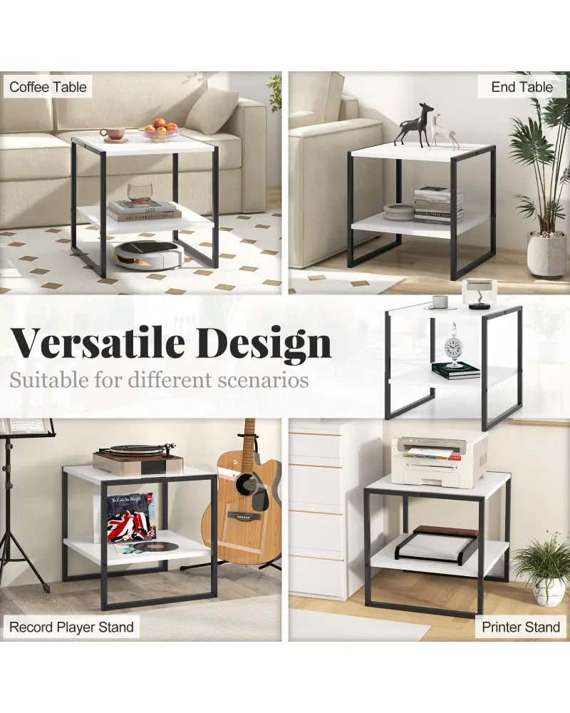 2-Tier Square End Table with Storage Shelf Reversible Design-White - White - End & Side Tables