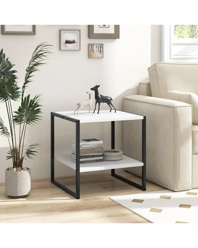 2-Tier Square End Table with Storage Shelf Reversible Design-White - White - End & Side Tables