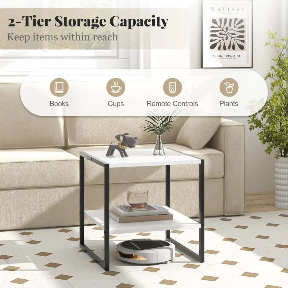 2-Tier Square End Table with Storage Shelf Reversible Design-White Costway