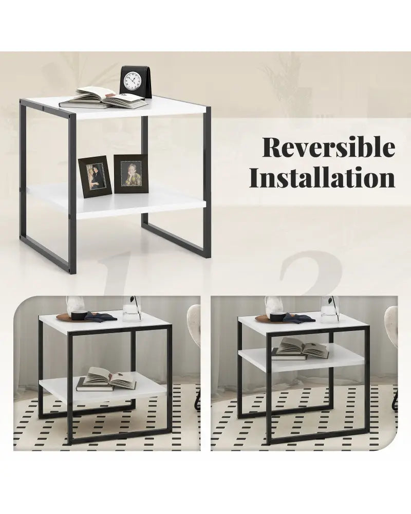 2-Tier Square End Table with Storage Shelf Reversible Design-White - White - End & Side Tables