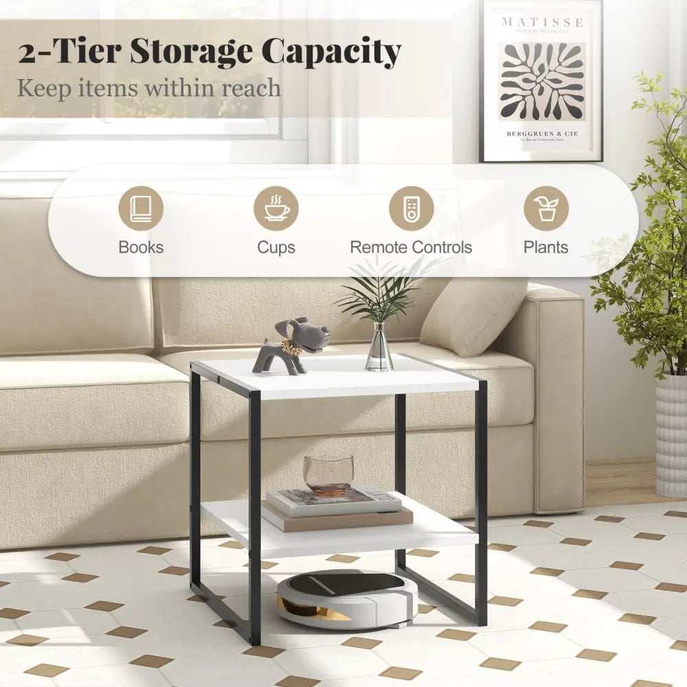 2-Tier Square End Table with Storage Shelf Reversible Design-White - White - End & Side Tables