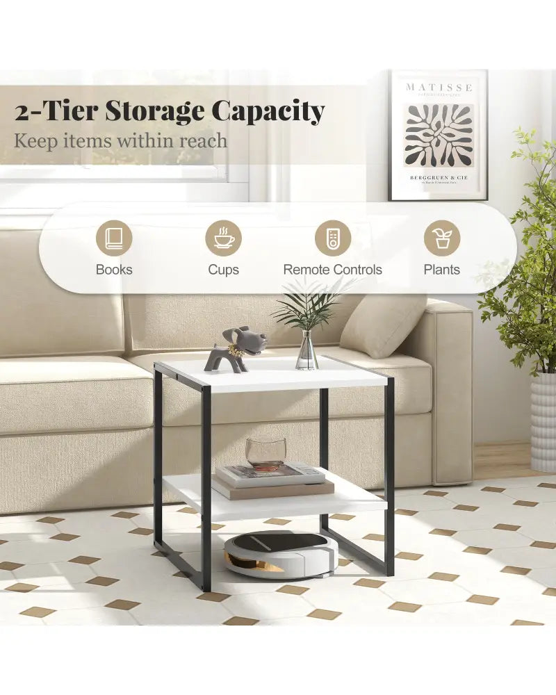 2-Tier Square End Table with Storage Shelf Reversible Design-White - White - End & Side Tables