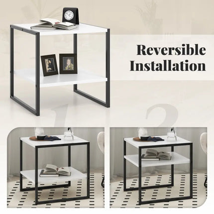 2-Tier Square End Table with Storage Shelf Reversible Design-White Costway