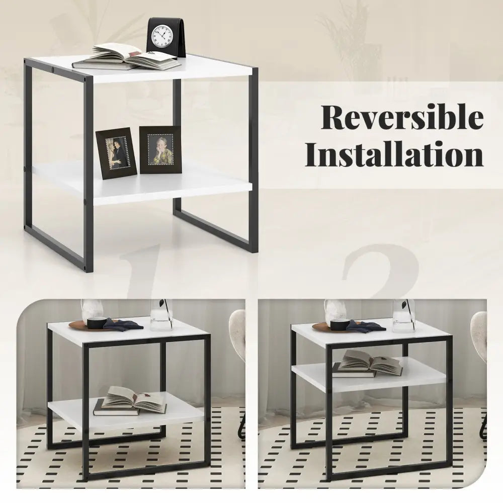 2-Tier Square End Table with Storage Shelf Reversible Design-White Costway