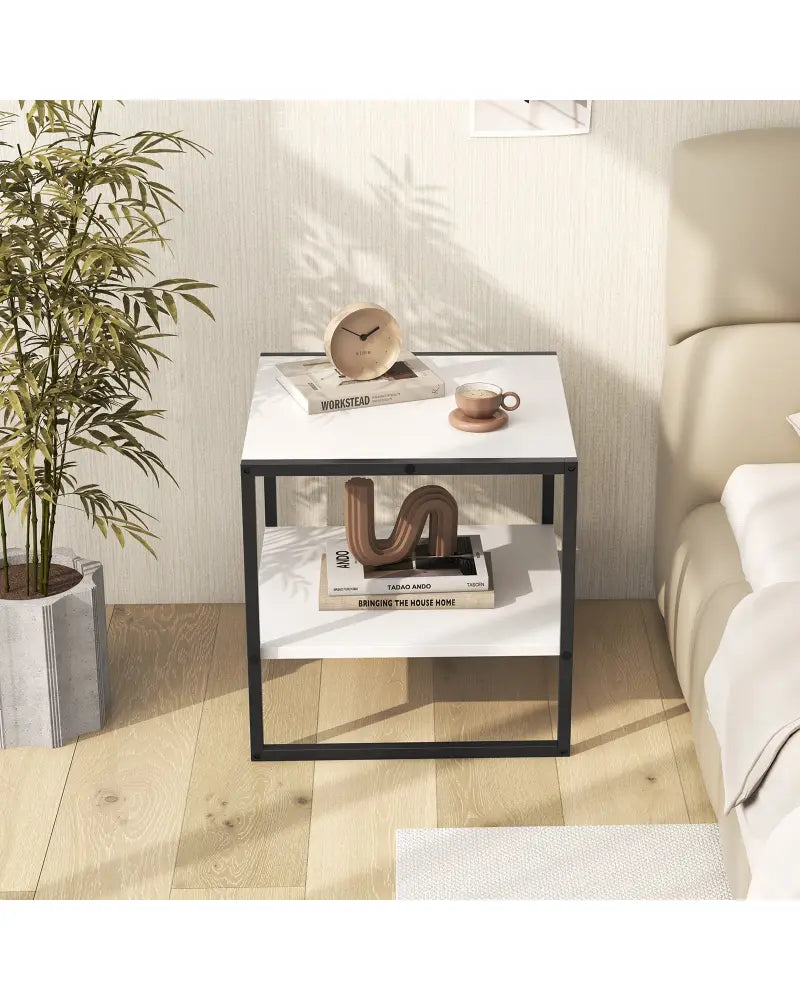2-Tier Square End Table with Storage Shelf Reversible Design-White - White - End & Side Tables