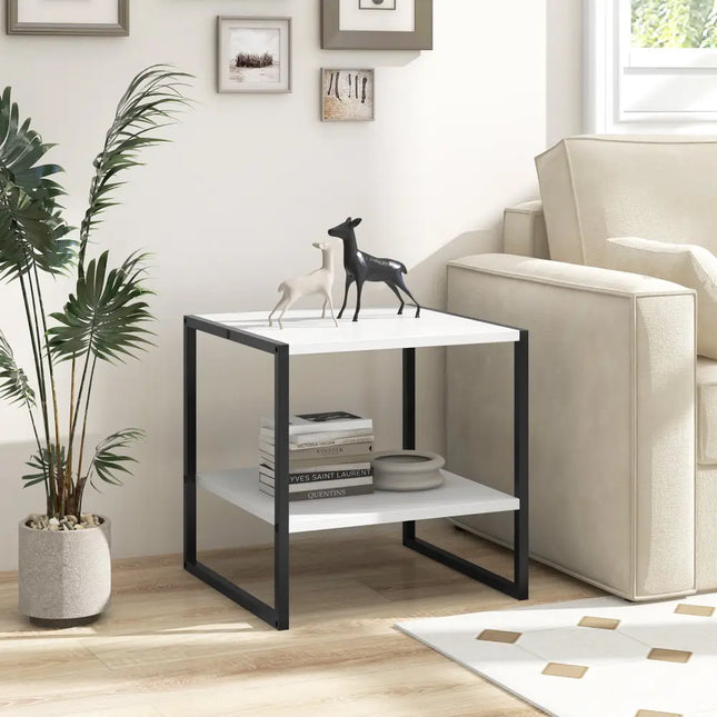 2-Tier Square End Table with Storage Shelf Reversible Design-White Costway