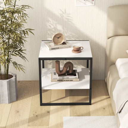 2-Tier Square End Table with Storage Shelf Reversible Design-White Costway