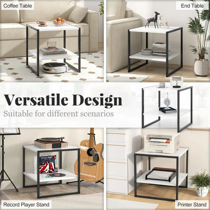 2-Tier Square End Table with Storage Shelf Reversible Design-White Costway