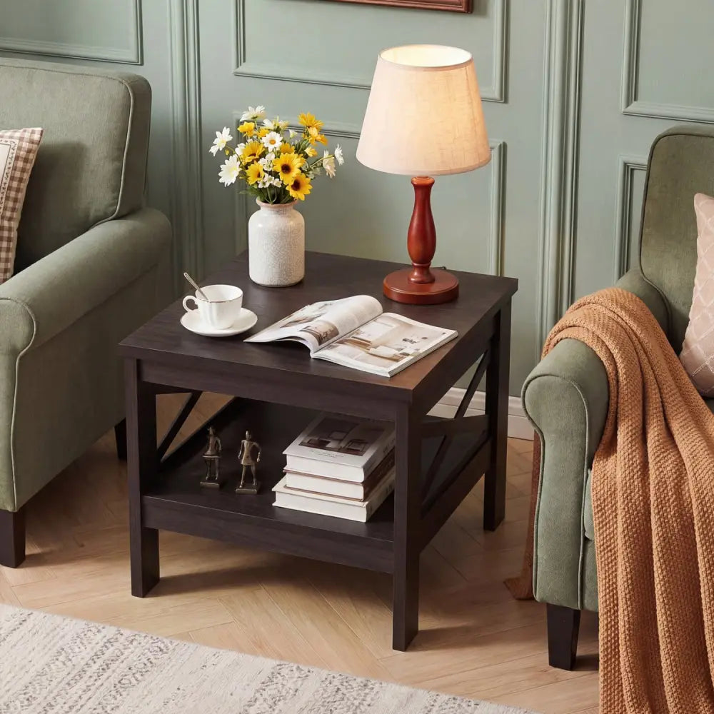 2-Tier Square Side Table with Storage Shelf and X-Frame for Bedroom Living Room-Brown - Brown - End & Side Tables