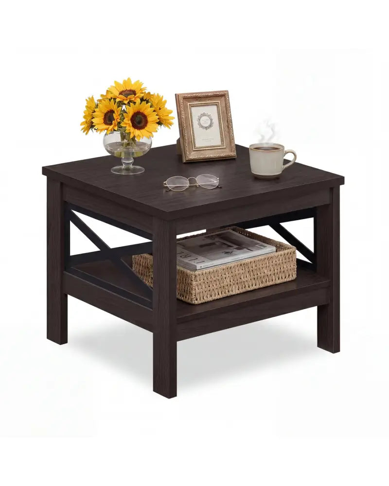2-Tier Square Side Table with Storage Shelf and X-Frame for Bedroom Living Room-Brown - Brown - End & Side Tables