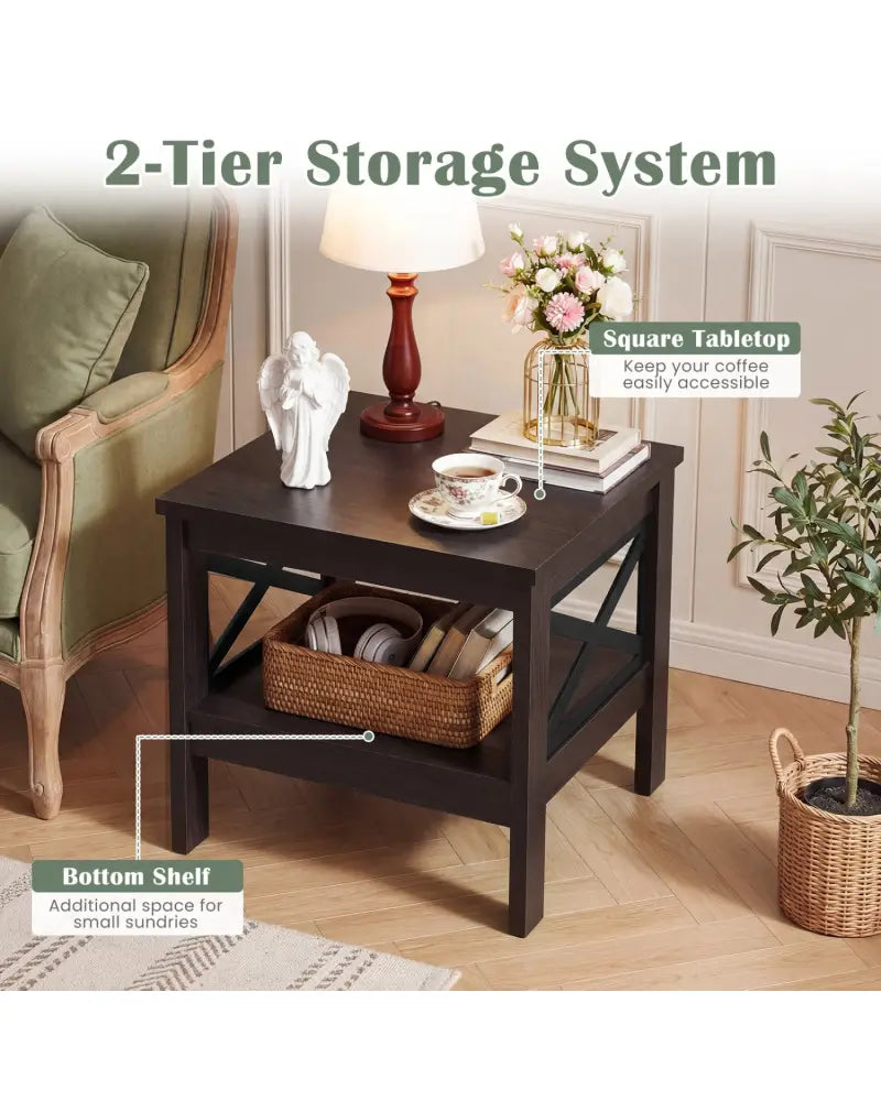 2-Tier Square Side Table with Storage Shelf and X-Frame for Bedroom Living Room-Brown - Brown - End & Side Tables