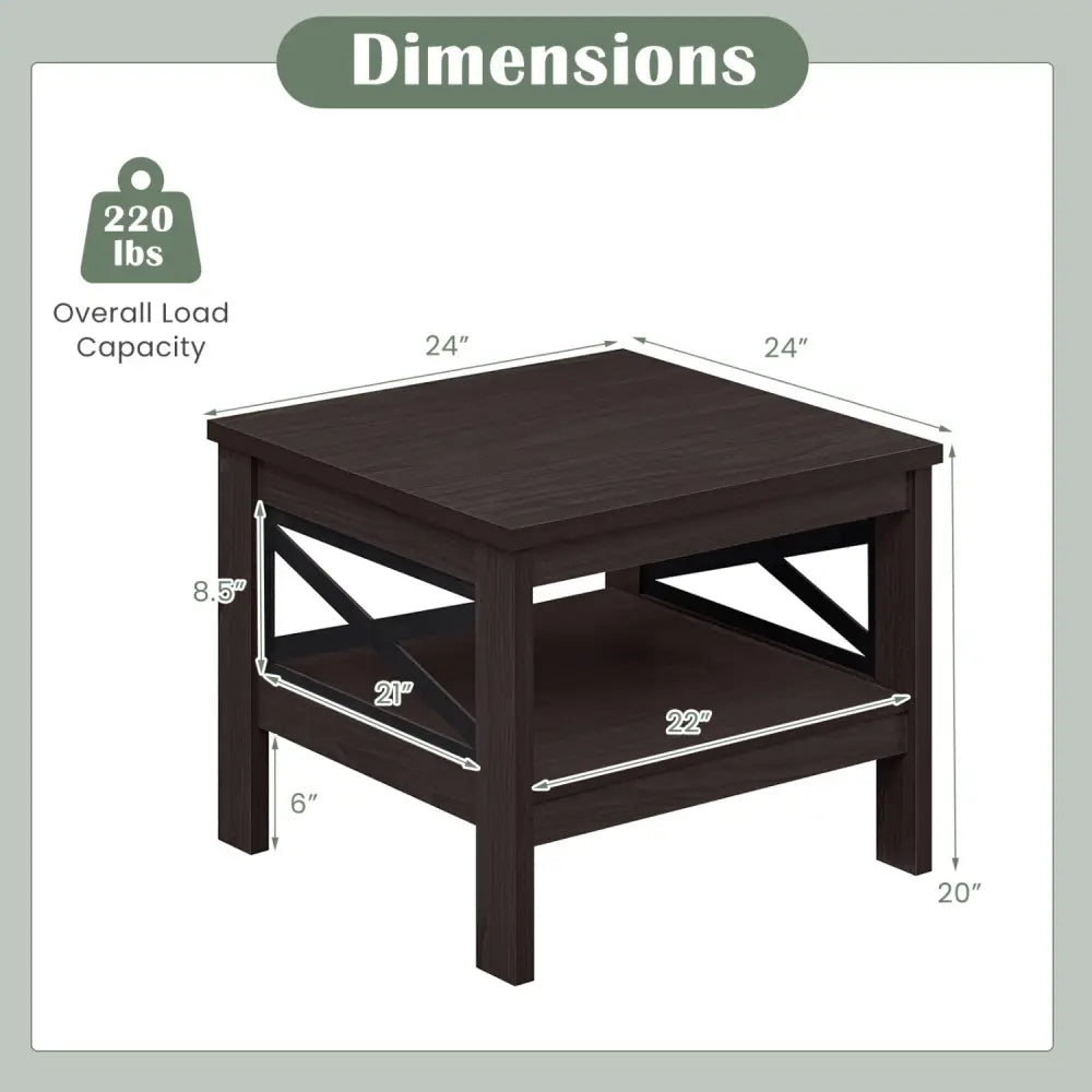 2-Tier Square Side Table with Storage Shelf and X-Frame for Bedroom Living Room-Brown - Brown - End & Side Tables