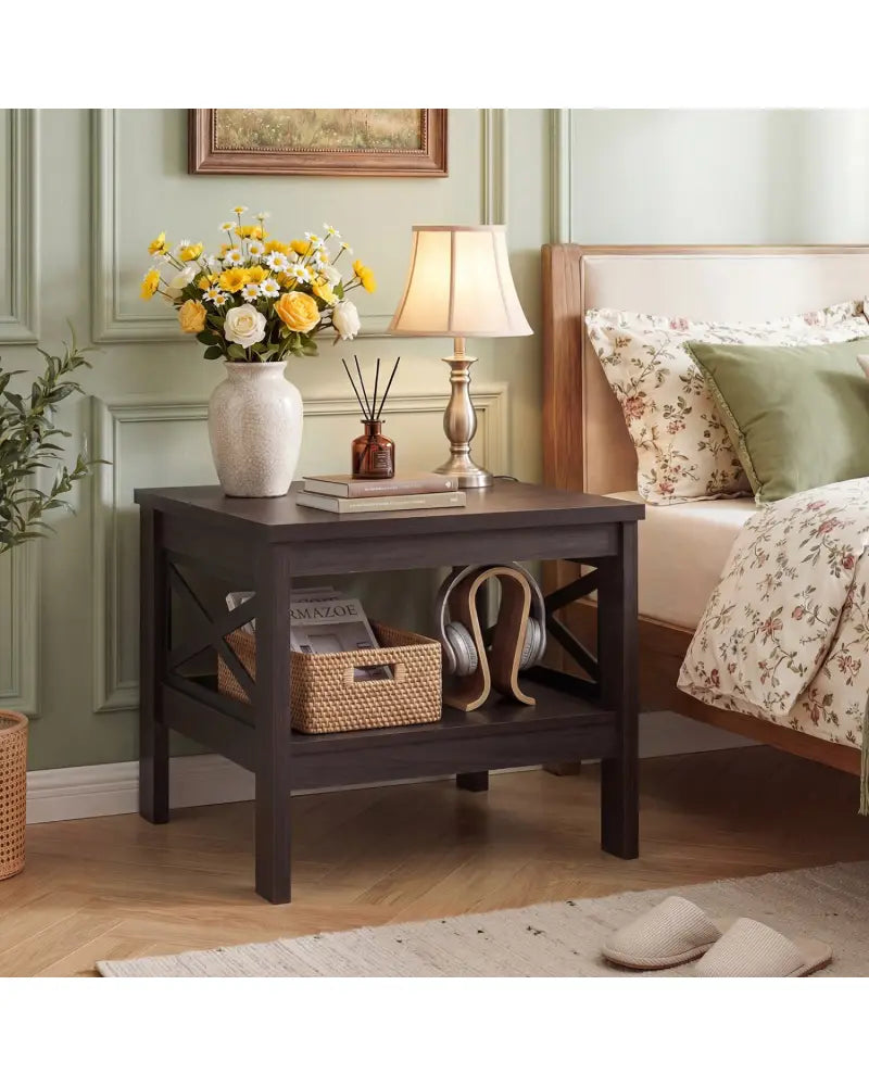 2-Tier Square Side Table with Storage Shelf and X-Frame for Bedroom Living Room-Brown - Brown - End & Side Tables