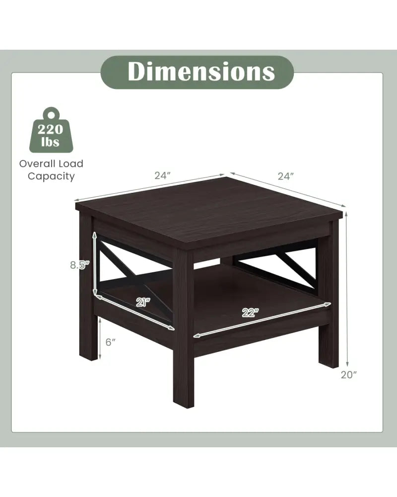 2-Tier Square Side Table with Storage Shelf and X-Frame for Bedroom Living Room-Brown - Brown - End & Side Tables