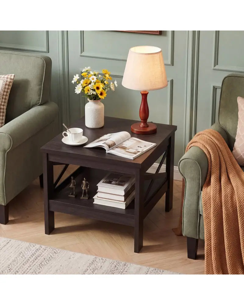 2-Tier Square Side Table with Storage Shelf and X-Frame for Bedroom Living Room-Brown - Brown - End & Side Tables