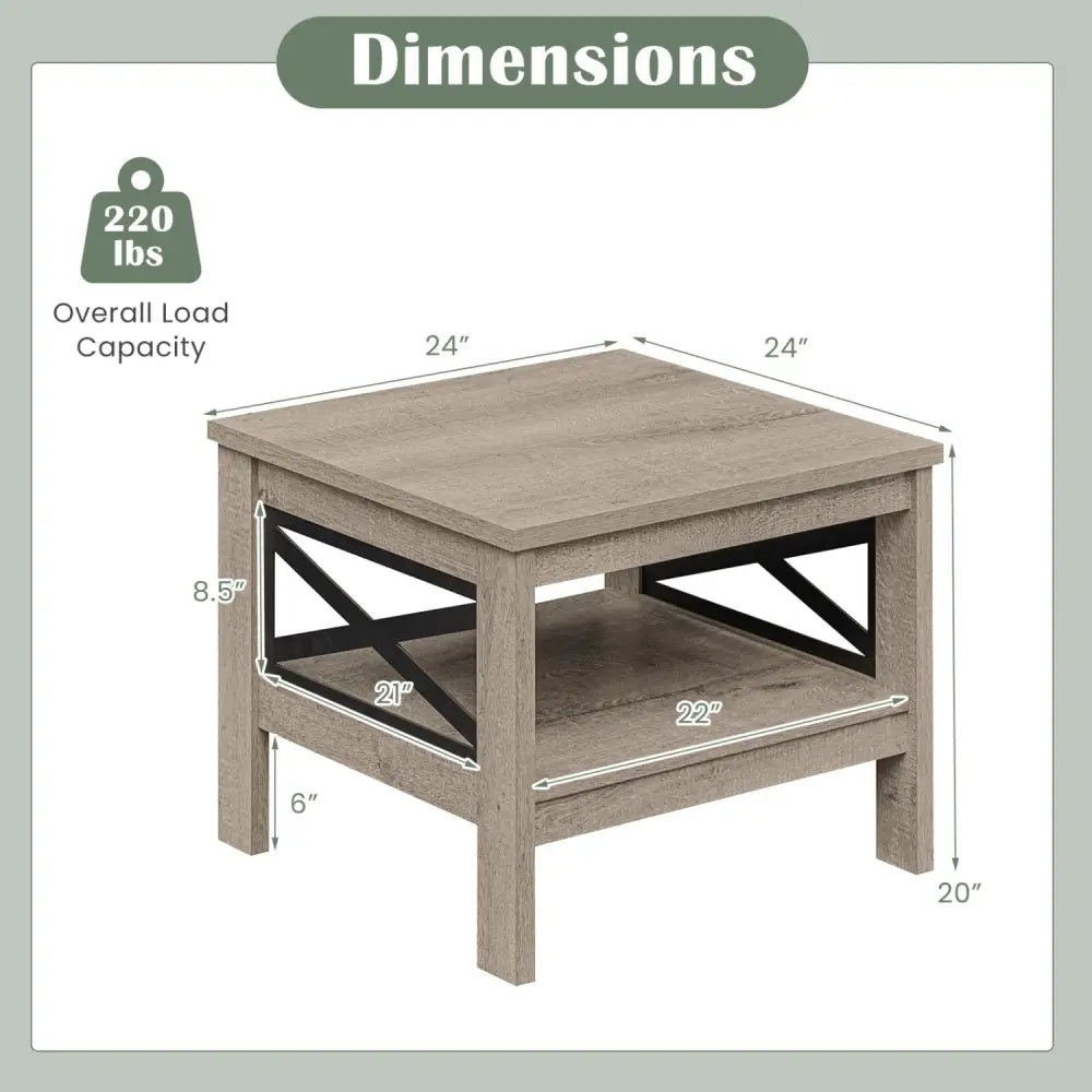 2-Tier Square Side Table with Storage Shelf and X-Frame for Bedroom Living Room-Oak - Oak - End & Side Tables