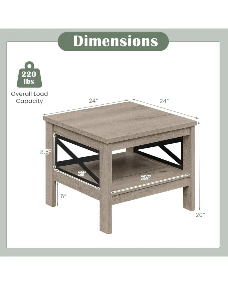 2-Tier Square Side Table with Storage Shelf and X-Frame for Bedroom Living Room-Oak - Oak - End & Side Tables