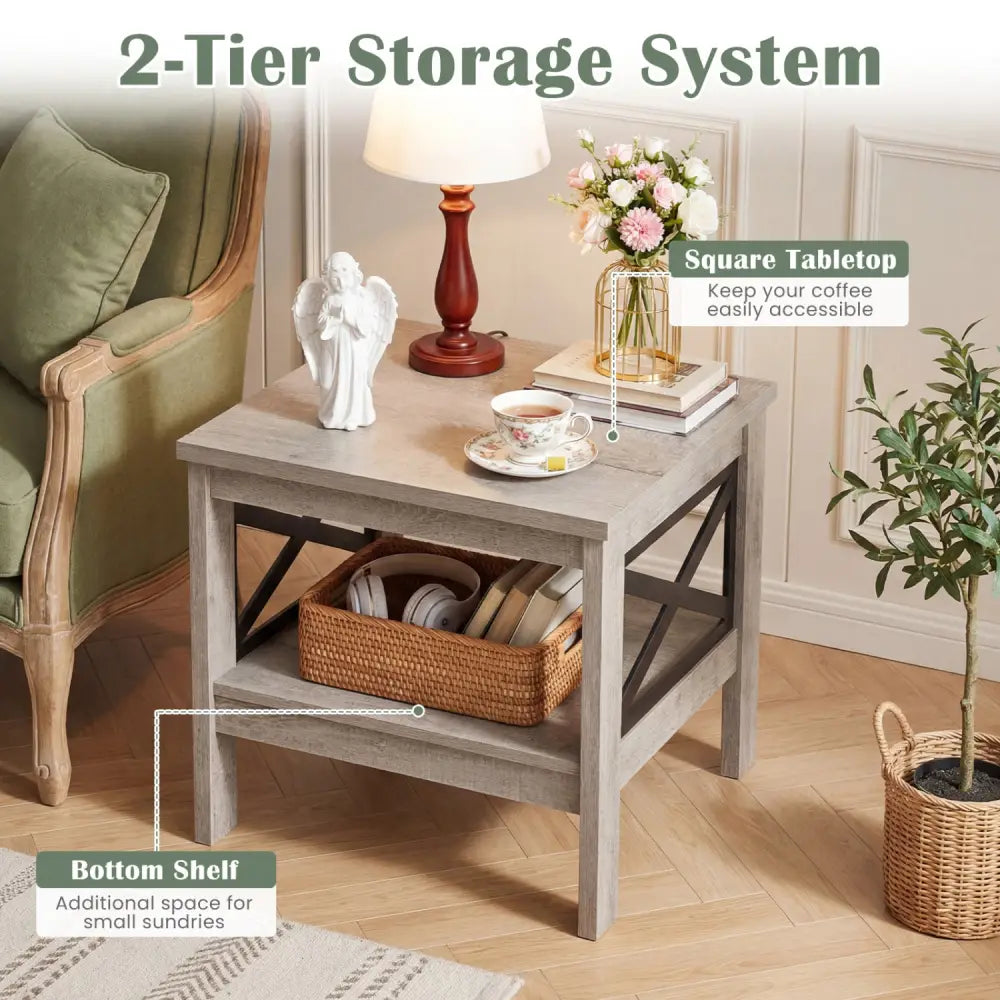 2-Tier Square Side Table with Storage Shelf and X-Frame for Bedroom Living Room-Oak - Oak - End & Side Tables